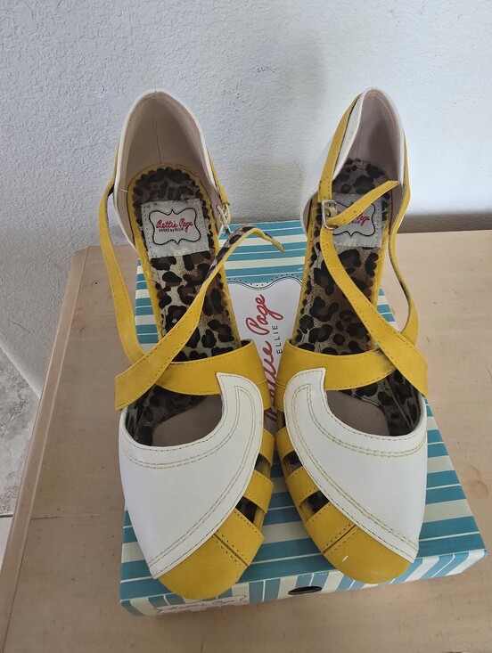 Bettie Page Shoes - Bettie Page Yellow and White Retro Strappy Peep-Toe Heels